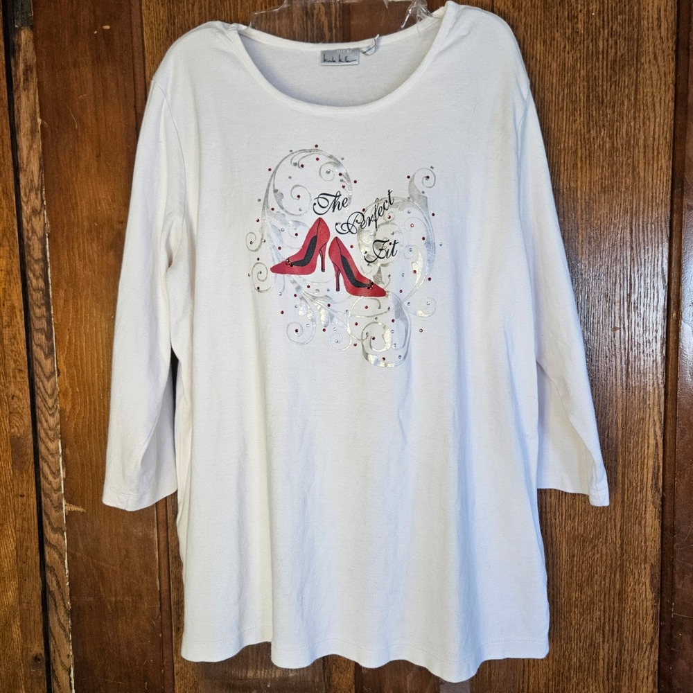 Nicole Miller Nicki Womens White Printed‎ Rhinestone Embellished T Shirt Size 1X